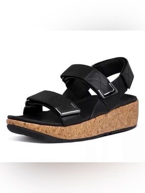 Fitflop Remi Black Leather Adjustable Back Strap Cork Wedge Comfort Sandals 9